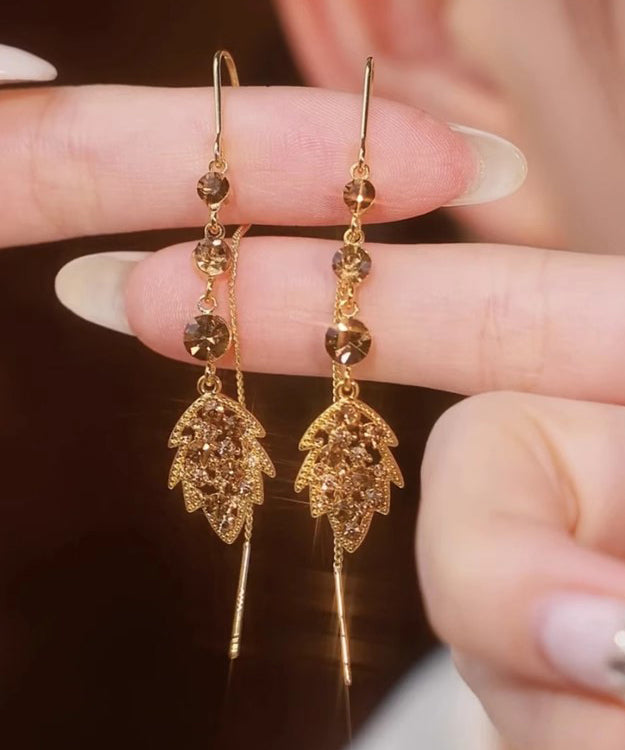 Brown Alloy Zircon Leaves Tassel Drop Earrings