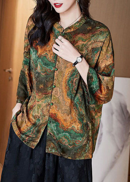 Brown Stand Collar Button Print Patchwork Silk Blouse Top Summer Tf1060
