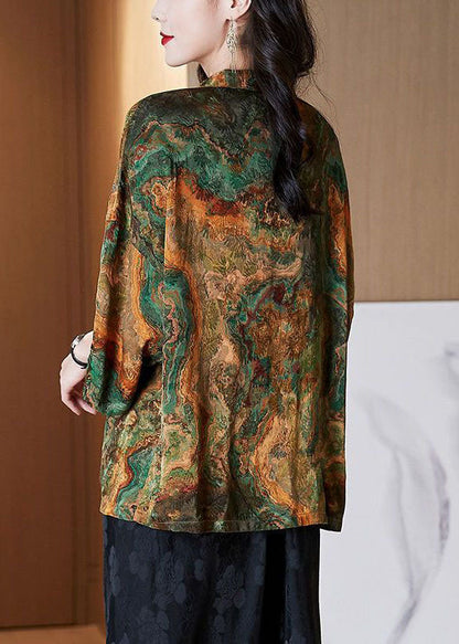 Brown Stand Collar Button Print Patchwork Silk Blouse Top Summer Tf1060
