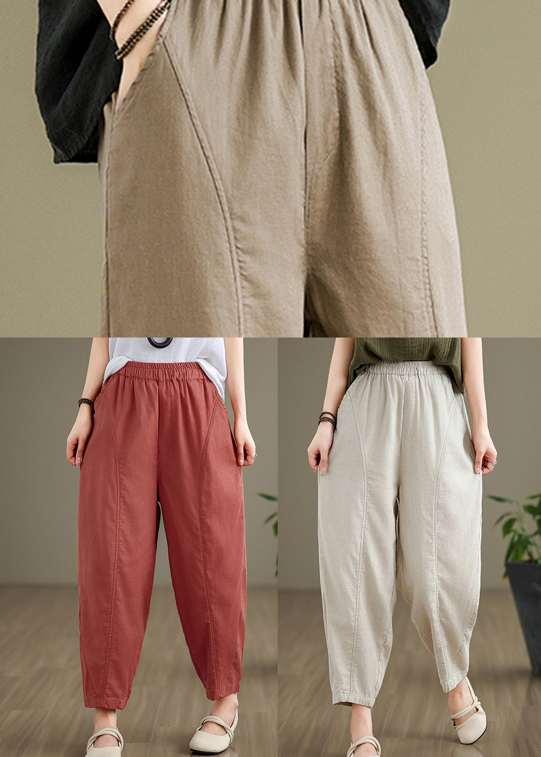 Brick Red Pockets Cotton Pants Elastic Waist Fall Qo052