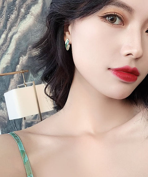 Colorblock Sterling Silver Alloy Drop Glaze Geometric Stud Earrings