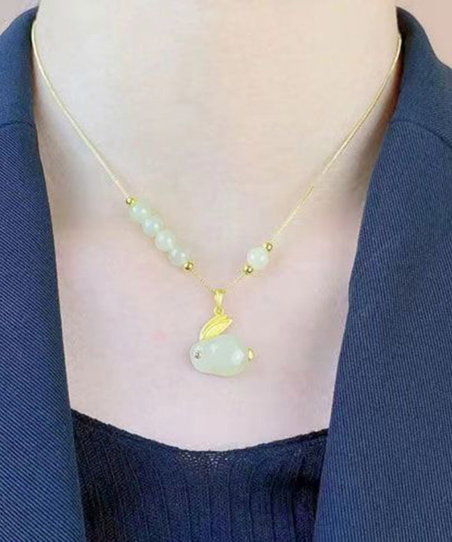 Cyan Rabbit Sterling Silver Overgild Jade Rabbit Agate Pendant Necklace