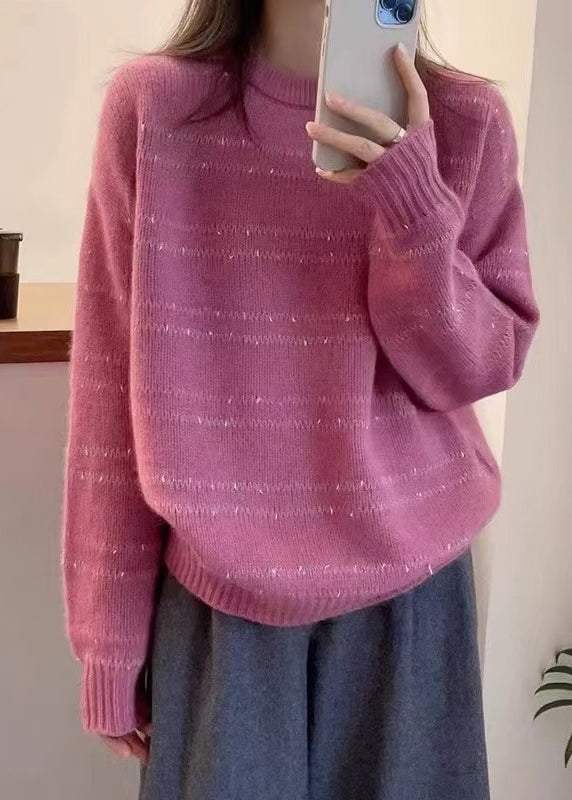 Dark Grey O-neck Striped Wool Knit Sweater Fall Qp020