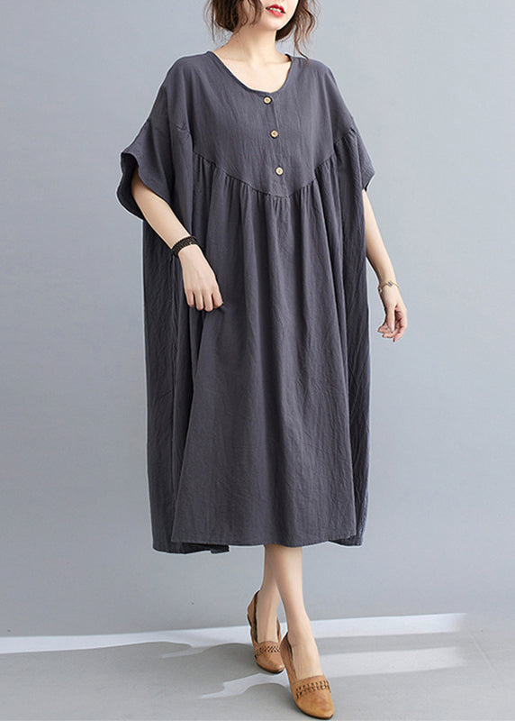 Dark Grey Patchwork Button Long Dresses Short Sleeve Gh1018