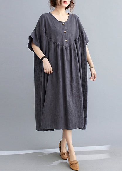 Dark Grey Patchwork Button Long Dresses Short Sleeve Gh1018
