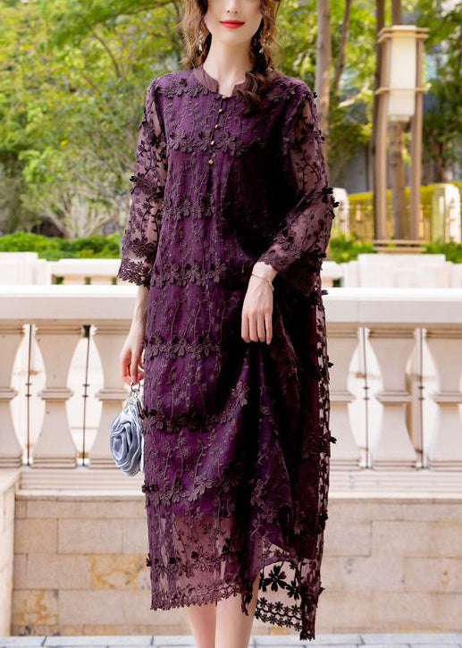 Dark Purple Embroideried Hollow Out Organza Long Dress Spring Ly0998