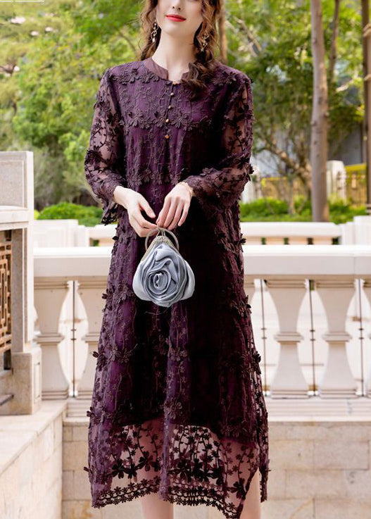 Dark Purple Embroideried Hollow Out Organza Long Dress Spring Ly0998
