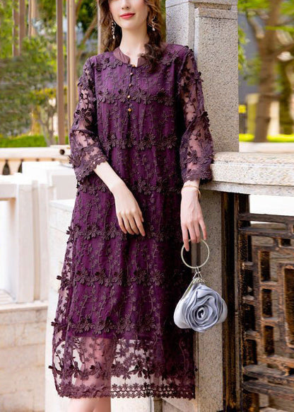 Dark Purple Embroideried Hollow Out Organza Long Dress Spring Ly0998