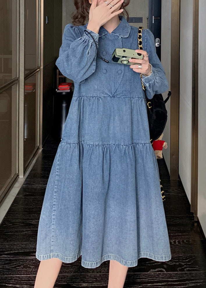 Denim Blue Wrinkled Patchwork Long Dress Spring Rp009