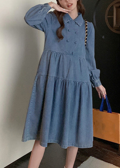 Denim Blue Wrinkled Patchwork Long Dress Spring Rp009