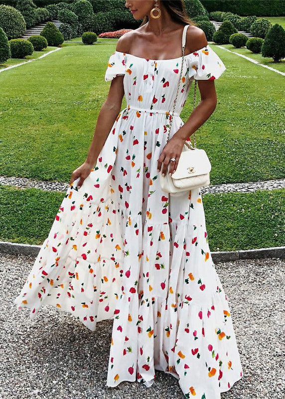 Elastic Square Collar Print Holiday Floor Maxi Dress With Belt White Lc0027
