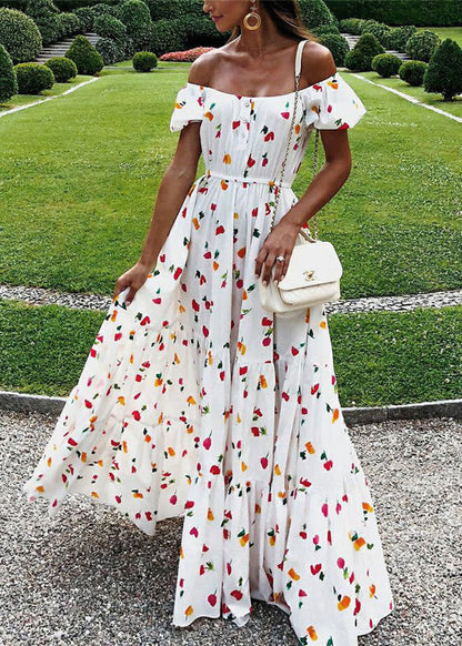 Elastic Square Collar Print Holiday Floor Maxi Dress With Belt White Lc0027