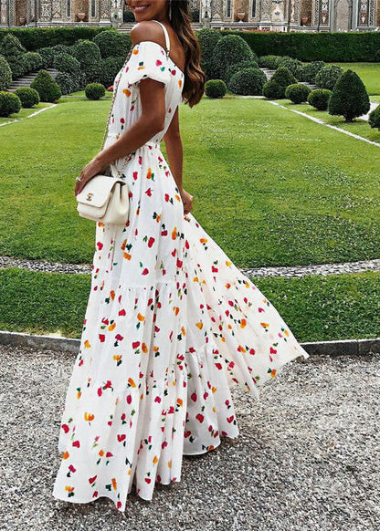 Elastic Square Collar Print Holiday Floor Maxi Dress With Belt White Lc0027