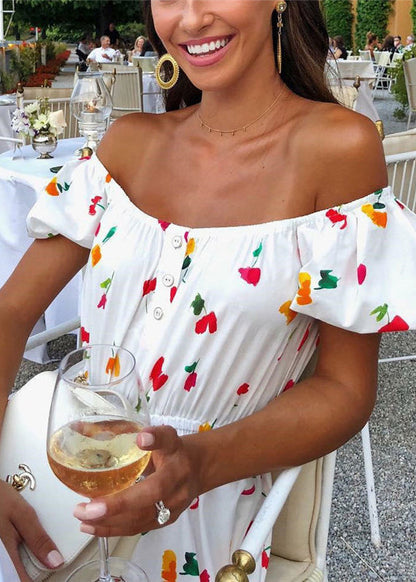 Elastic Square Collar Print Holiday Floor Maxi Dress With Belt White Lc0027