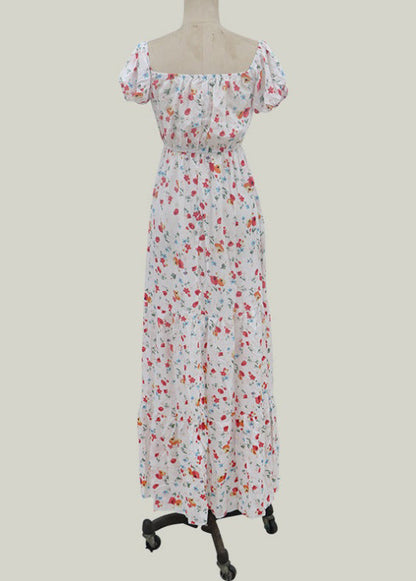 Elastic Square Collar Print Holiday Floor Maxi Dress With Belt White Lc0027