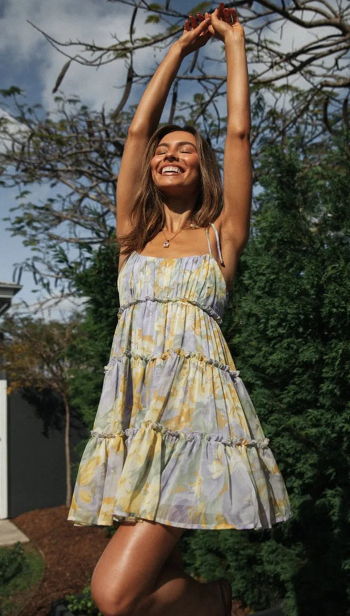 Square Collar Sleeveless Lace-up Chiffon Holiday Midi Dress