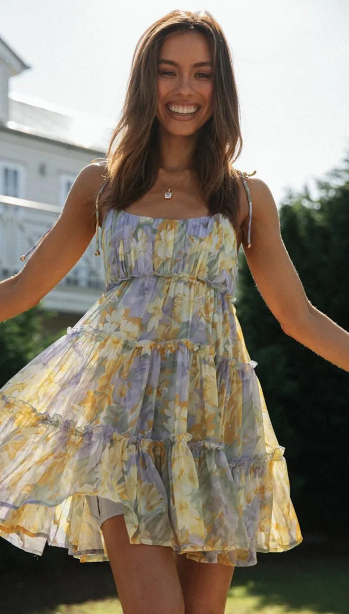Square Collar Sleeveless Lace-up Chiffon Holiday Midi Dress