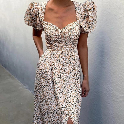 Print Summer Dress V-neck Puff Sleeve Split Midi Dress