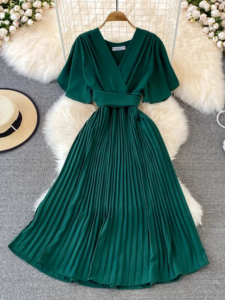 Pleated Dress Summer Short Sleeve V-neck Dresses a Line High Waisted Midi Dress