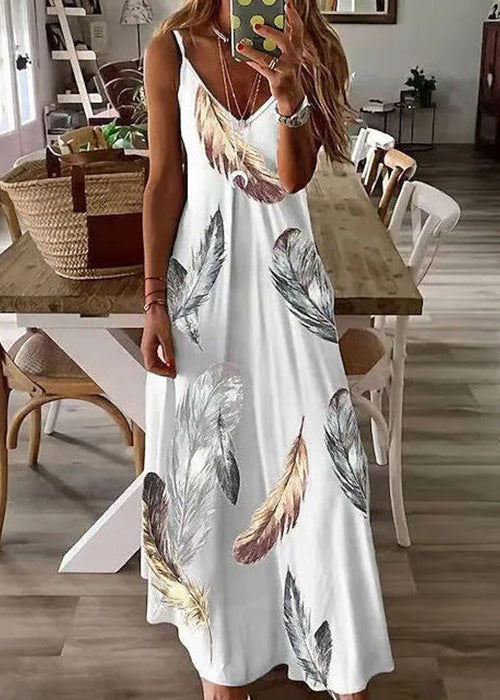 Feather Print V Neck Cotton Long Dresses Sleeveless Ww1043