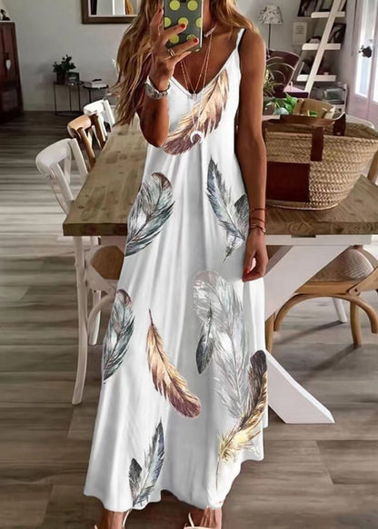 Feather Print V Neck Cotton Long Dresses Sleeveless Ww1043