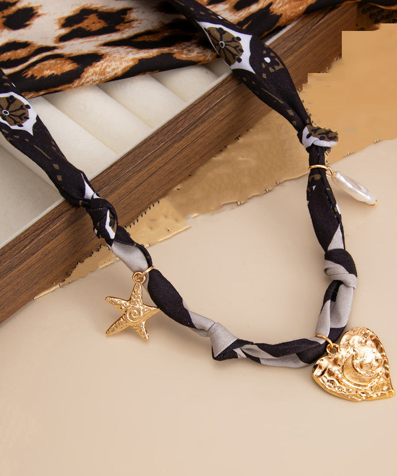Gold Chiffon Alloy Pentagram Heart-shaped Pendant Necklace