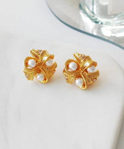 Gold Copper Pearl Glass Stud Earrings