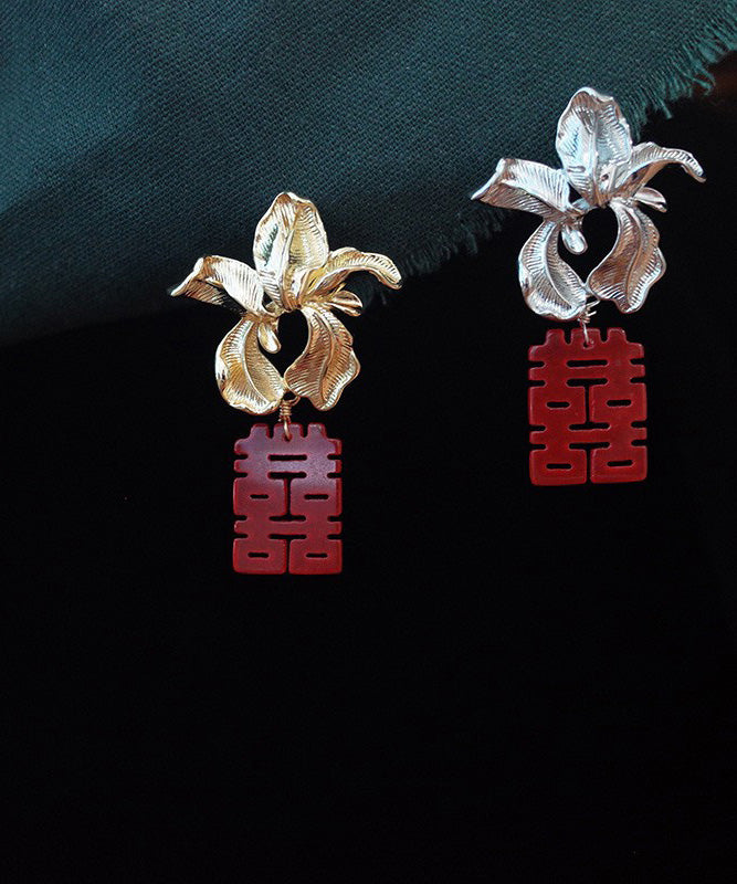 Gold Red Letter Drop Earrings