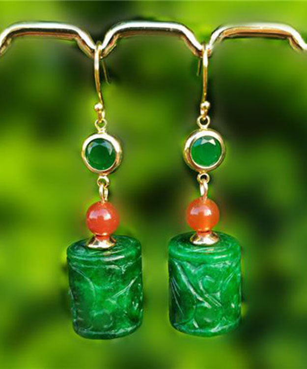 Green 14k Gold Dry Green Jade Agate Drop Earrings