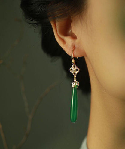 Green Agate Copper Overgild Tassle Drop Earrings