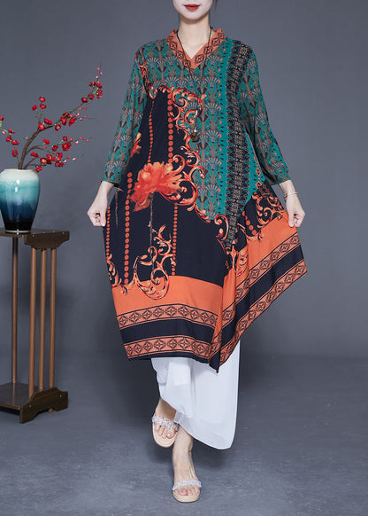 Green Asymmetrical Patchwork Print Silk Maxi Dresses Spring Ly1769