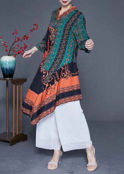 Green Asymmetrical Patchwork Print Silk Maxi Dresses Spring Ly1769