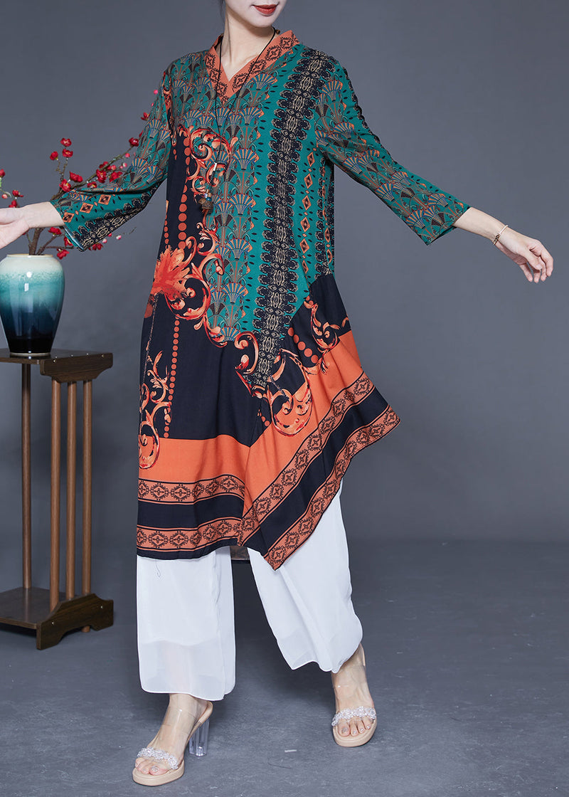 Green Asymmetrical Patchwork Print Silk Maxi Dresses Spring Ly1769