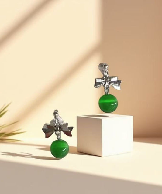 Green Copper Alloy Cat's Eye Stone Bow Drop Earrings
