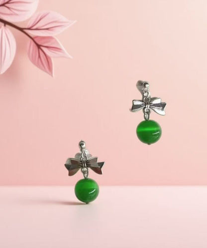 Green Copper Alloy Cat's Eye Stone Bow Drop Earrings