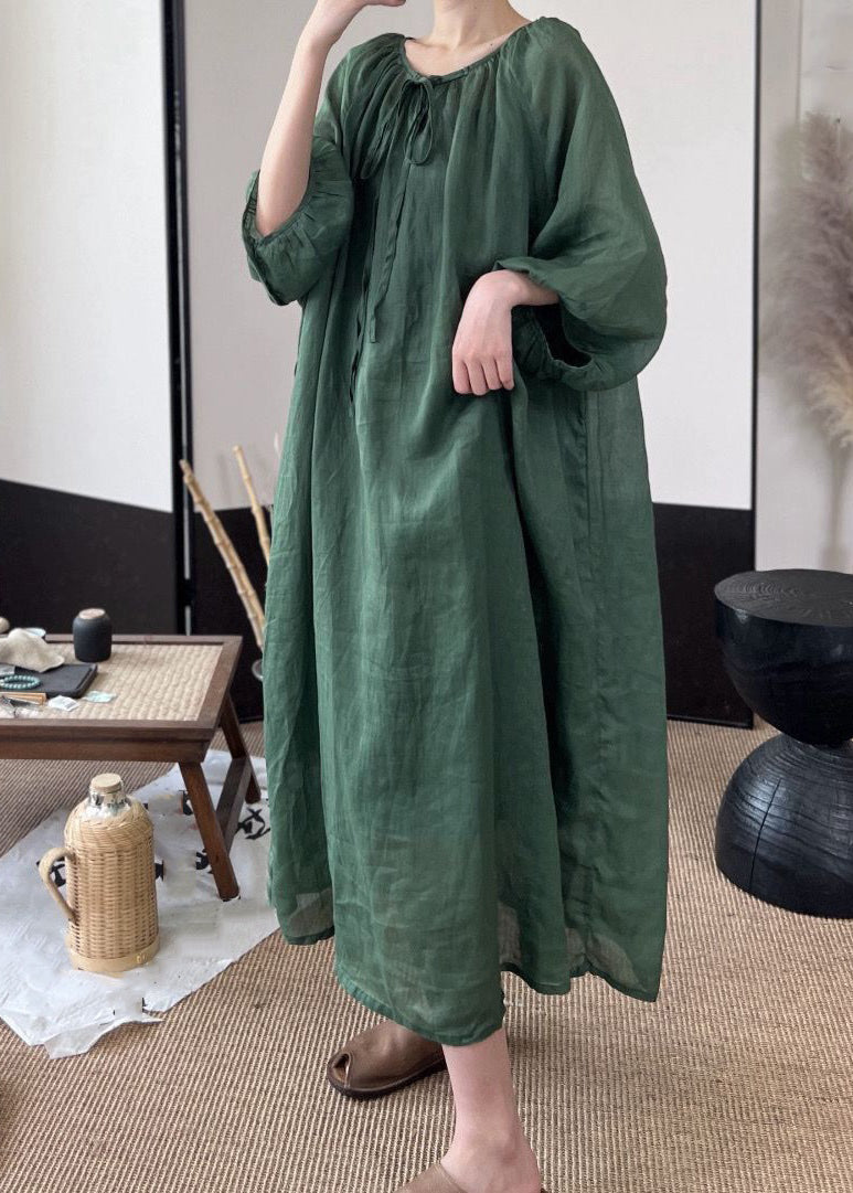 Green Lace Up Linen Long Dresses Fall Mn053