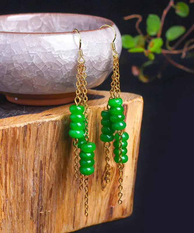 Sterling Silver Overgild Dry Green Abacus Tassel Drop Earrings