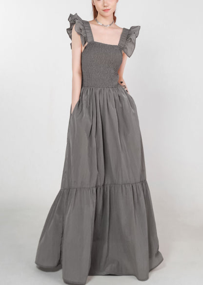 Grey Pockets High Waist Cotton Long Dress Summer Zl074