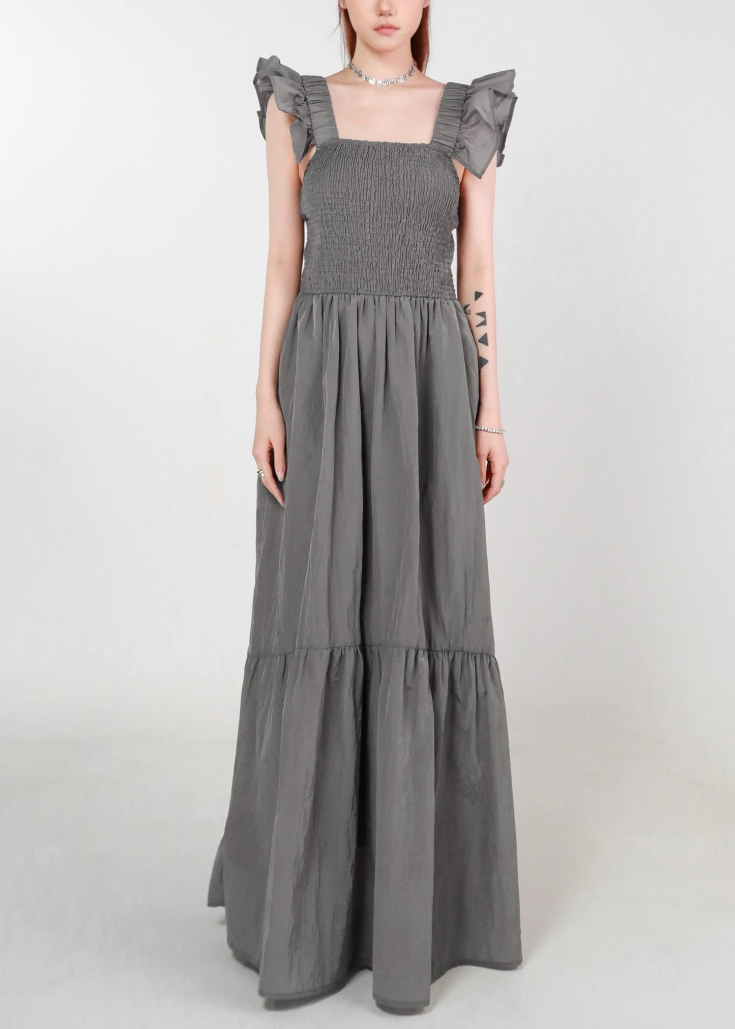 Grey Pockets High Waist Cotton Long Dress Summer Zl074