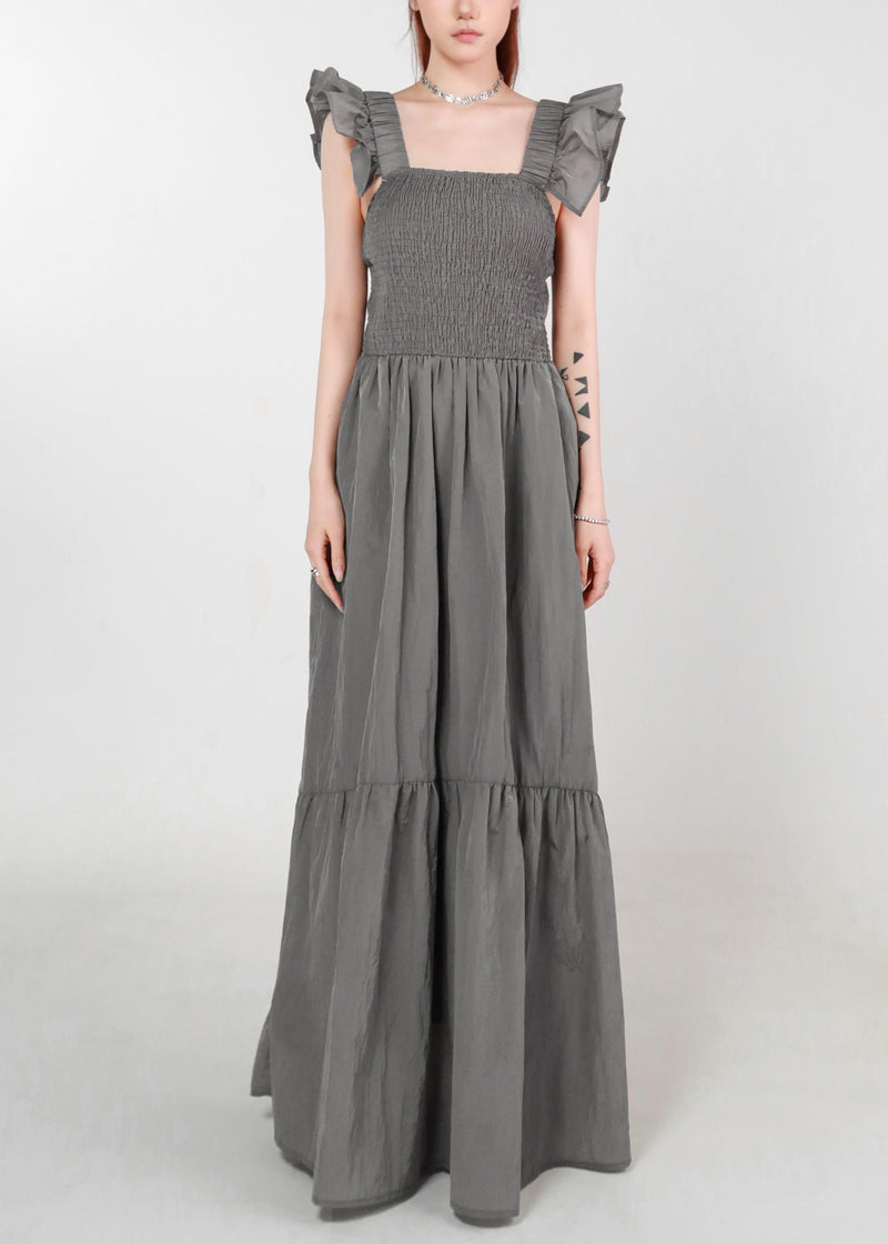 Grey Pockets High Waist Cotton Long Dress Summer Zl074