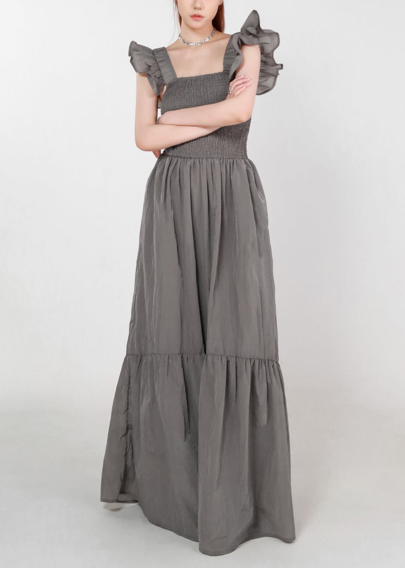 Grey Pockets High Waist Cotton Long Dress Summer Zl074