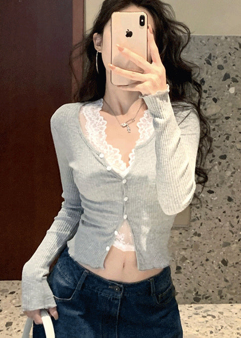 Grey Silm Fit Knit Cardigan and Lace Tops Two Pieces Set Spring Yp056
