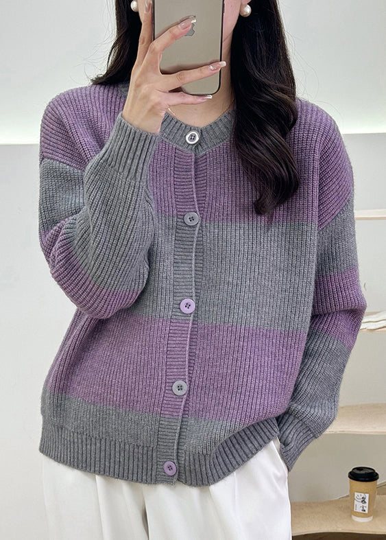 Grey Striped Button Knit Cardigan Fall Qg013