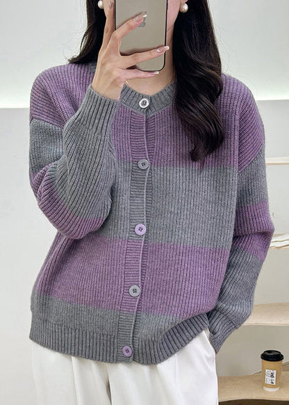 Grey Striped Button Knit Cardigan Fall Qg013