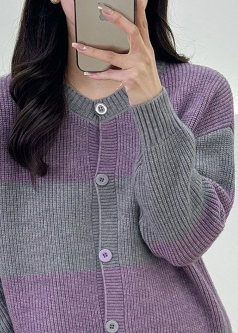 Grey Striped Button Knit Cardigan Fall Qg013