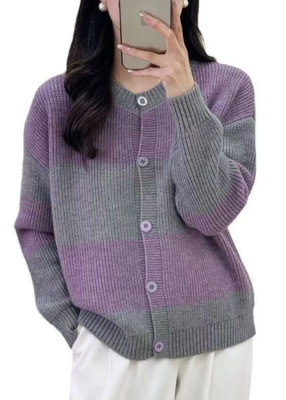 Grey Striped Button Knit Cardigan Fall Qg013