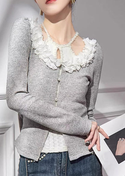 Grey V Neck Cotton Knit Cardigans Fall Qa005