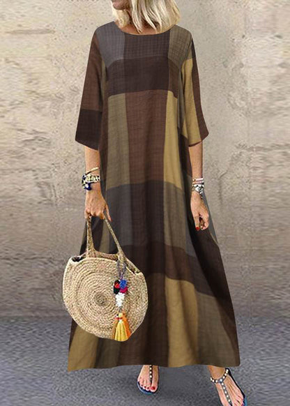 Khaki O-neck Plaid Maxi Dresses Half Sleeve Lc0001