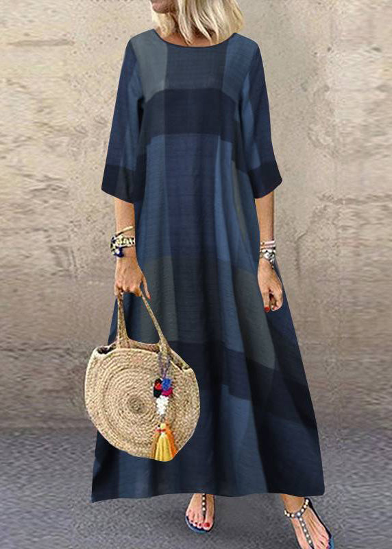 Khaki O-neck Plaid Maxi Dresses Half Sleeve Lc0001