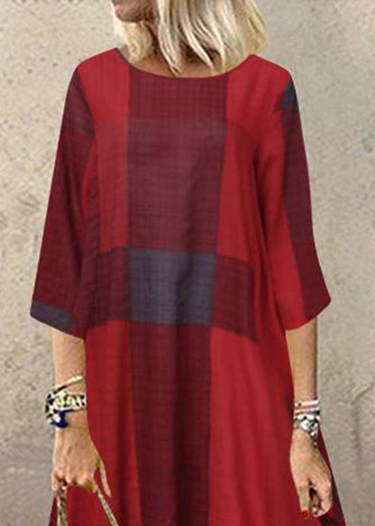 Khaki O-neck Plaid Maxi Dresses Half Sleeve Lc0001